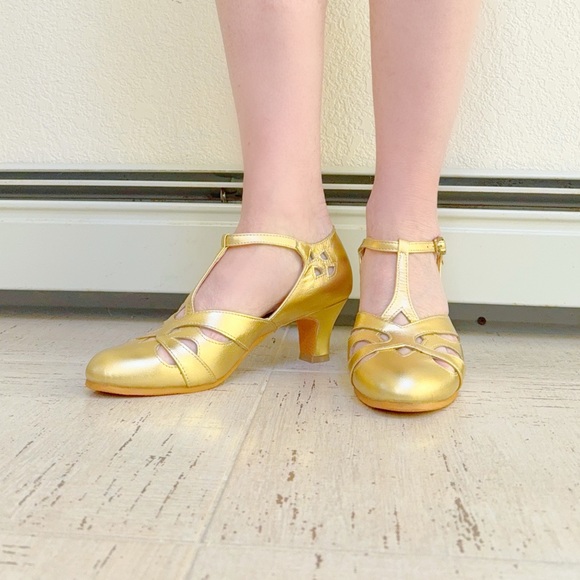 Reproduction Vintage 20s 40s Gold Leather Mary Jane T-Strap Pumps Heels 38 7.5 - Picture 3 of 6